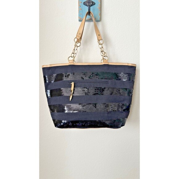 Iman Black Striped Sequined Tan Trimmed Gold Chain Shoulder Straps Tote Bag - Picture 4 of 15